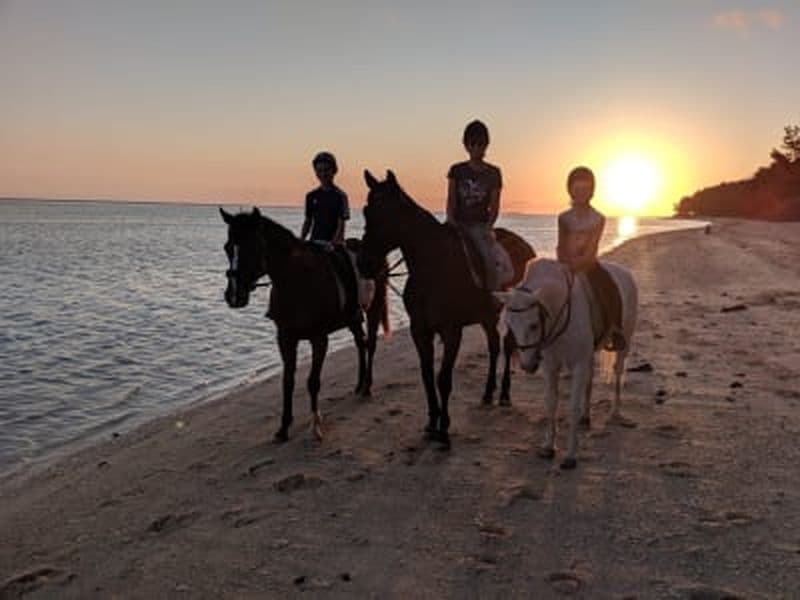 Balade à cheval au coucher du soleil sur la plage de Riambel près de Souillac, Île Maurice
