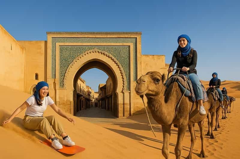 Marrakech : Voyage de 3 jours à Fès avec surf des sables et promenade à dos de chameau