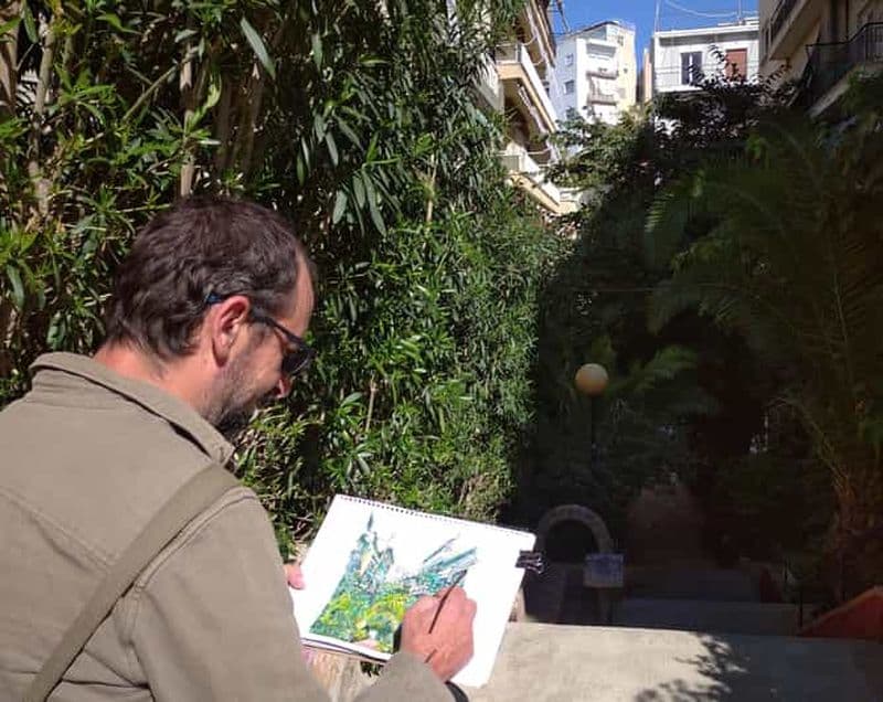 Cours de dessin en plein air dans l'Athènes moderne ; Pangrati, Metz...