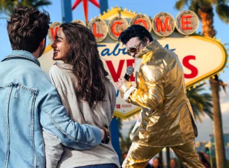 Billet Las Vegas : Renouvellement des vœux ou mariage avec Elvis en or au panneau de bienvenue