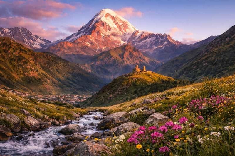 Billet Au départ de Tbilissi : excursion d'une journée en groupe à Kazbegi, Gudauri et Gergeti