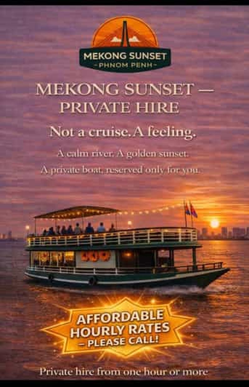 Billet Phnom Penh : croisière privée (bateau entier) sur le Mékong au coucher du soleil
