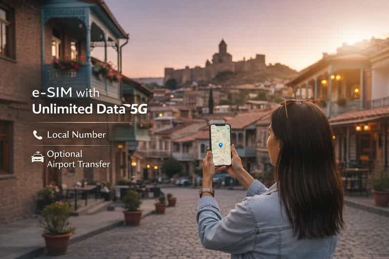 Billet Tbilissi : e-SIM avec 5G illimitée et transfert aéroport en option