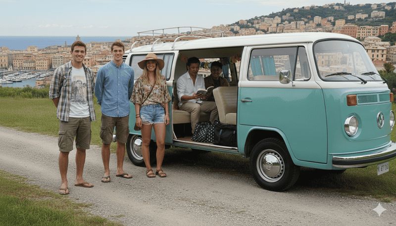 Billet Gênes panoramique en Volkswagen hippie avec vin