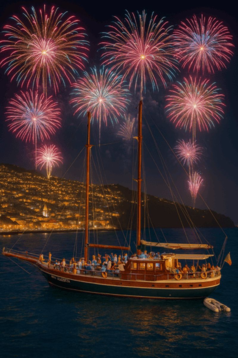 Billet Festival de l'Atlantique à Funchal : vue sur les feux d'artifice depuis un bateau en bois avec boisson