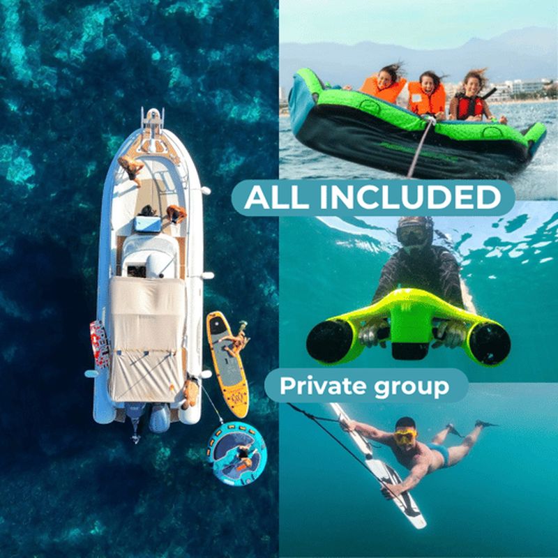 Billet Majorque : bateau privé pour sports nautiques. DÉJEUNER, boissons, SUP, bouées tractées.